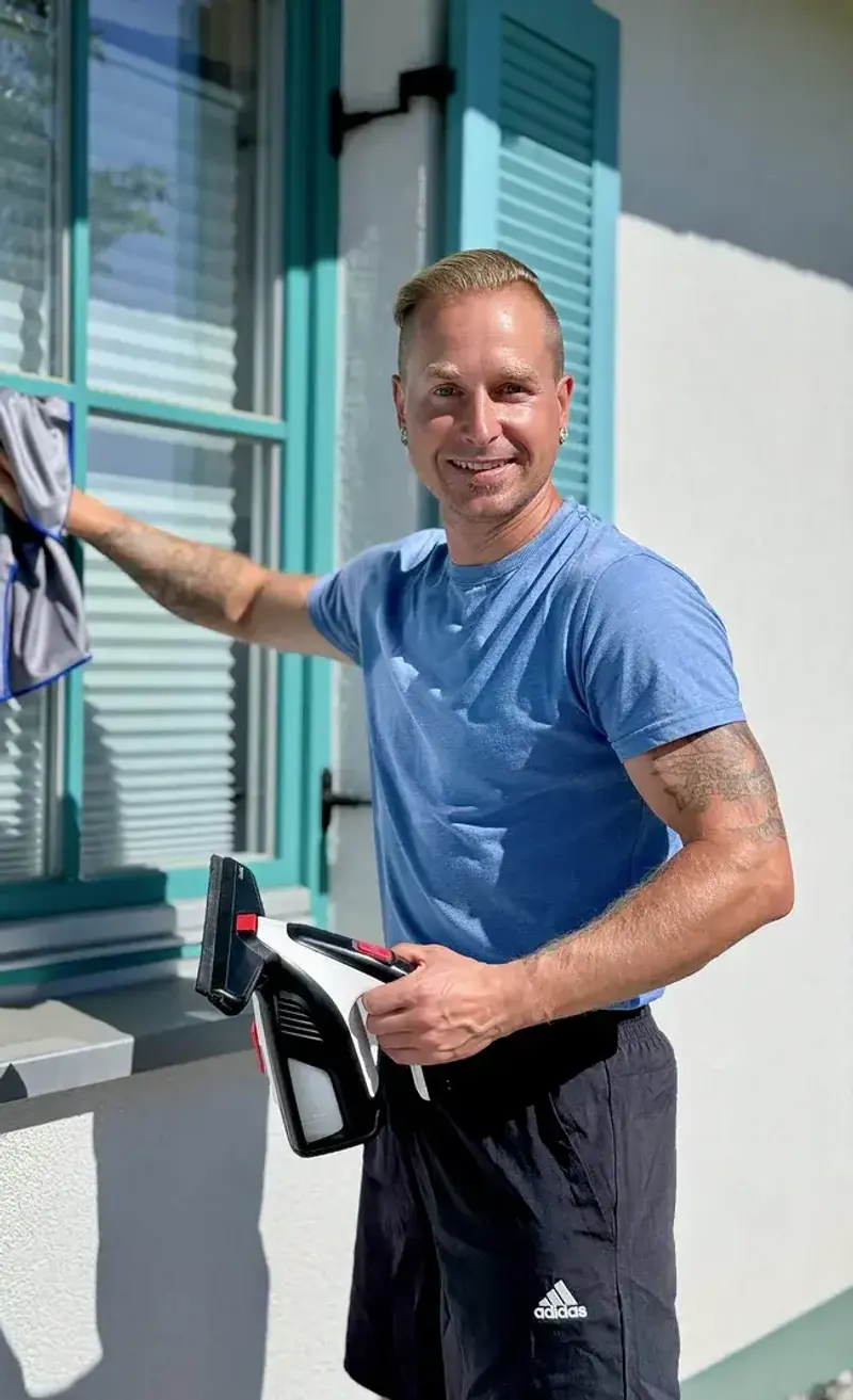 Martin Zühl bei der Fensterreinigung – Zühl Hausmeister- & Handwerksservice Stralsund